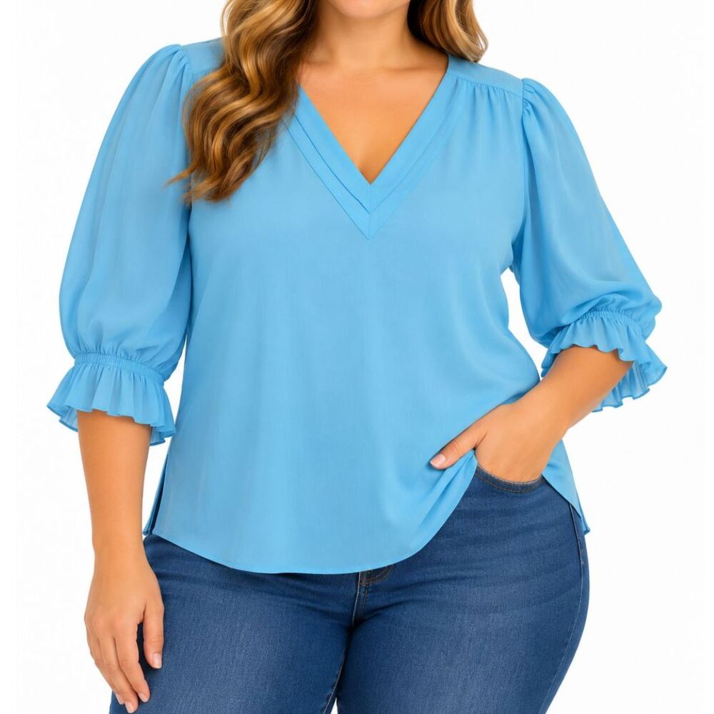 Worthington Women’s Aqua Blue V-Neck Ruffle Cuff Blouse | Petite Large